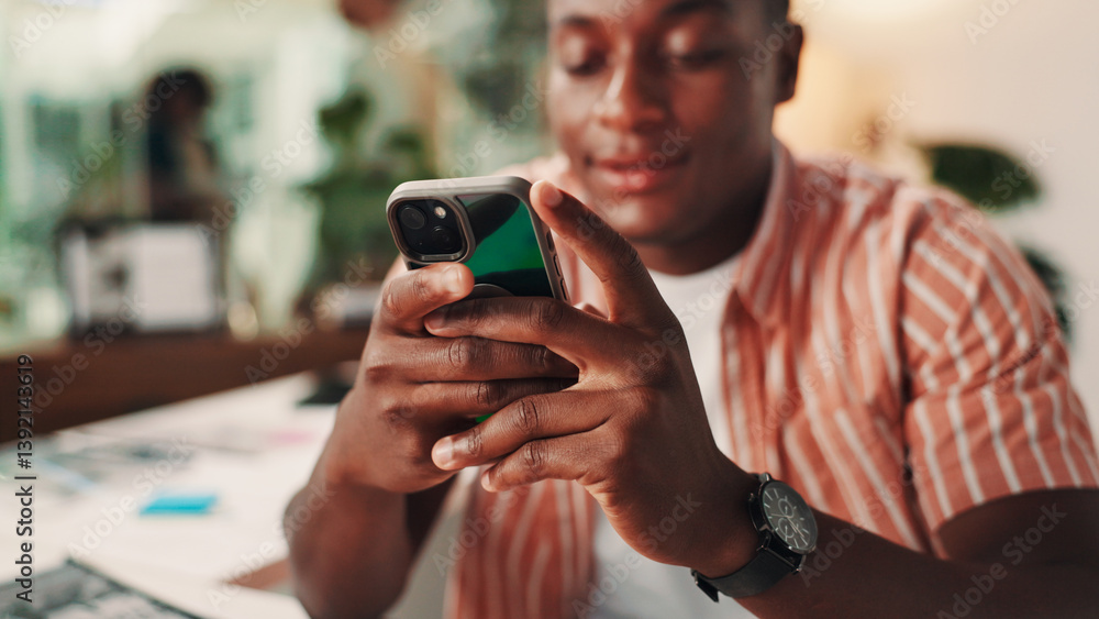 Aufkleber hands, cellphone and black man in office with contact, communication or social networking with chatt