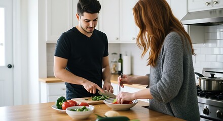 Modern Kitchen Collaboration HD minimal Couple in Stylish Attire Preparing Gourmet Meal Together with Fresh Ingredients
