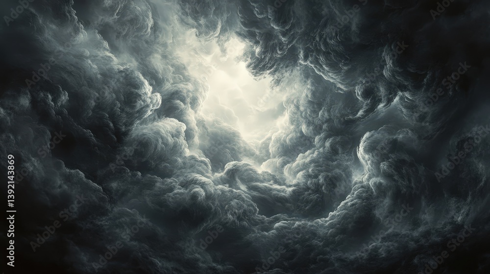 Poster a dramatic view of swirling dark clouds illuminated by light, creating an intense and moody atmosphe