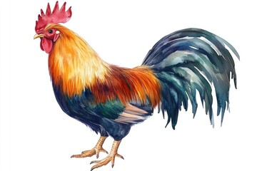 Fototapeta premium A Colorful Watercolor Painting of a Rooster Displayed on White