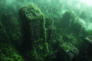 Overhead View of a Crumbling Futuristic Tech City Reclaimed by Nature
