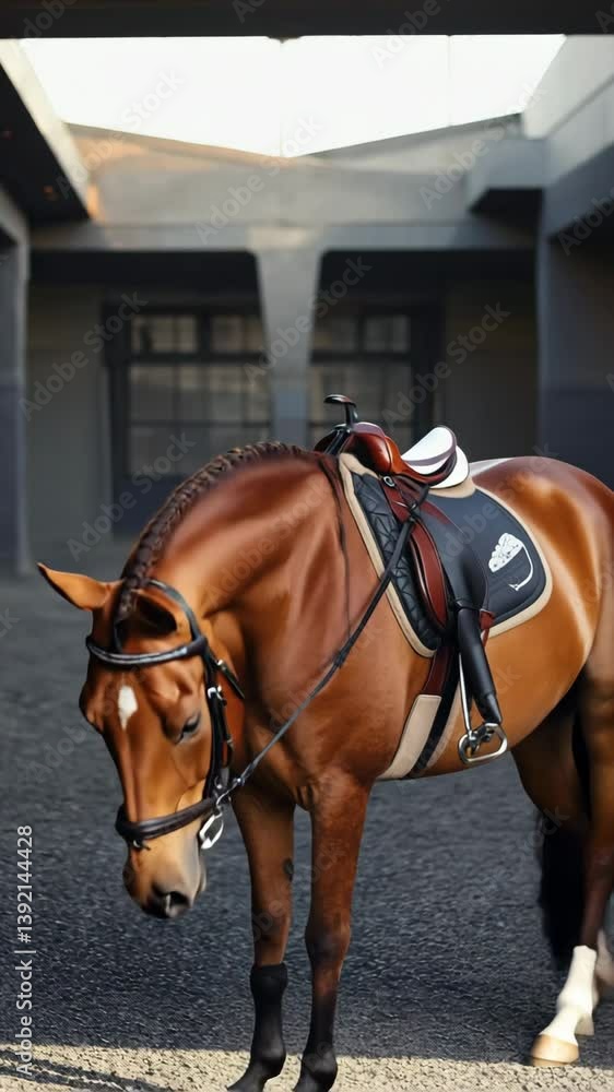 Poster Smooth pan of a horse fully equipped for riding, standing still in an outdoor arena as wind gently moves its mane and tail, with background elements softly shifting in focus.

