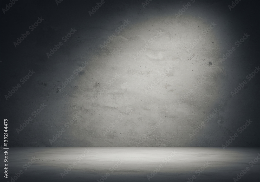 Poster grungy studio backdrop concrete wall with spot light and empty floor for product display.