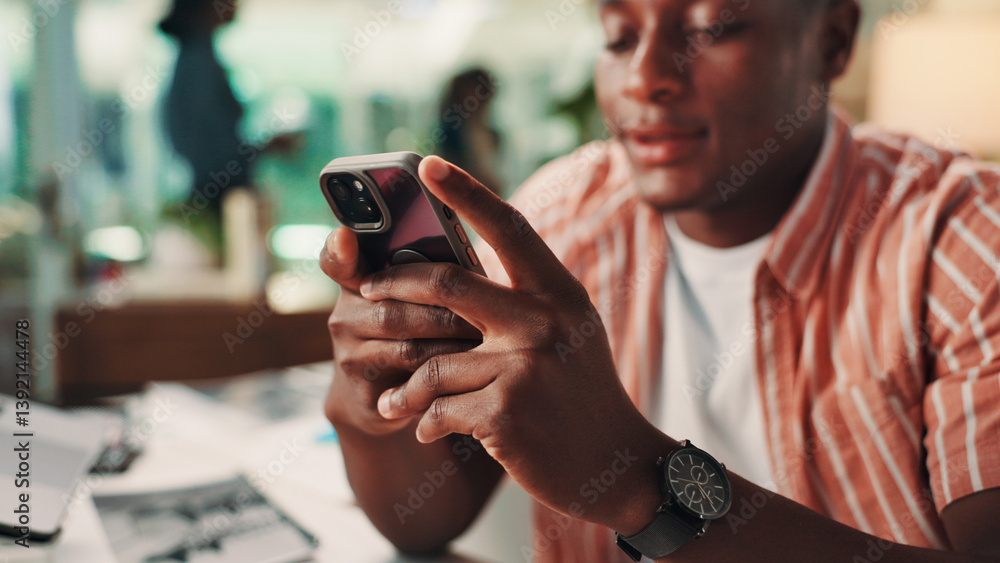 Aufkleber hands, cellphone and man in office with networking, communication or social contact with chatting. t