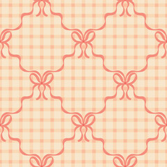 Flirty bows knitted in a mesh of diamonds. Vector seamless pattern. Preppy cute cartoon hand drawn illustration on a satin check background. textile printing, baby clothes, wallpaper, scrapbooking