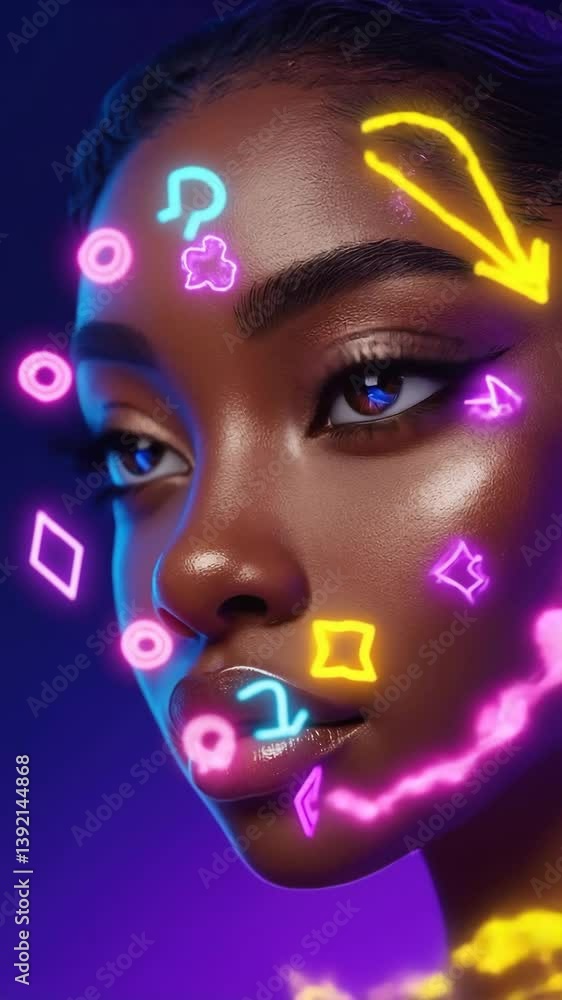 Poster cinematic close-up animation of a youthful face surrounded by floating neon symbols and dreamlike co