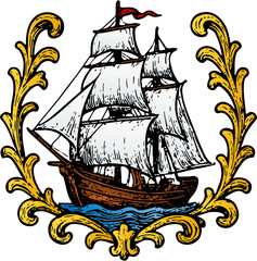 Nautical ornament. Old sailing ship. Vintage illustration   © Riszczel