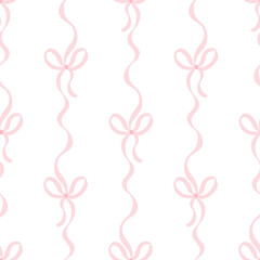 Flirty bows and ribbons are tied into vertical. Vector seamless pattern. Preppy cute cartoon hand-drawn illustration. Ideal textile printing, baby clothes, wallpaper, scrapbooking.