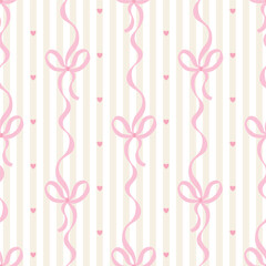 Flirty bows and ribbons are tied into vertical. Vector seamless pattern. Preppy cute cartoon hand-drawn illustration. Ideal textile printing, baby clothes, wallpaper, scrapbooking.