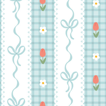Seamless kawaii spring pattern with pastel bows, tulips, daisies and gingham background. Cute girly design perfect for fabrics, wallpapers, and stationery.