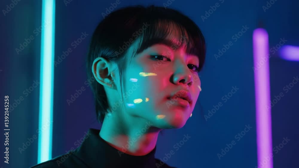 Poster surreal video portrait of a young person slowly turning in place as neon lights flicker and swirl ar