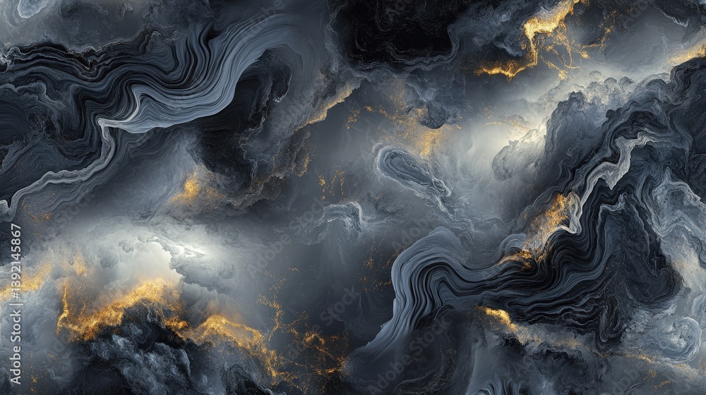 Poster an abstract image featuring swirling patterns in dark tones with hints of gold, resembling cosmic cl