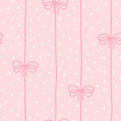 Flirty bows and ribbons are tied into vertical. Vector seamless pattern, background of hearts in polka dots. Preppy cute cartoon hand-drawn illustration. textile printing, baby clothes, scrapbooking.
