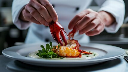 Chef carefully plating a sophisticated lobster dish in a high-end restaurant