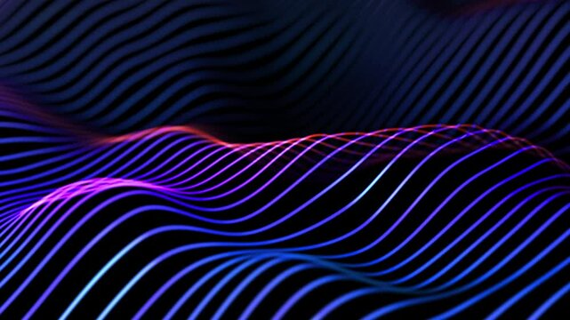 3D ultraviolet waves of information flowing in virtual space. Digital technology concept: artificial intelligence, big data science or digital sound waves equalizer. 4K looped video, black background