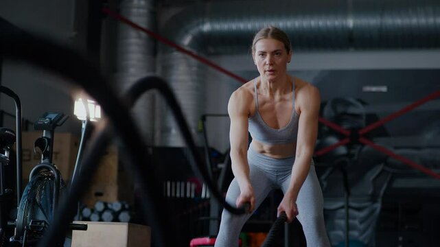 Female athlete doing exercises with rope in gym. Sports training, cardio training.