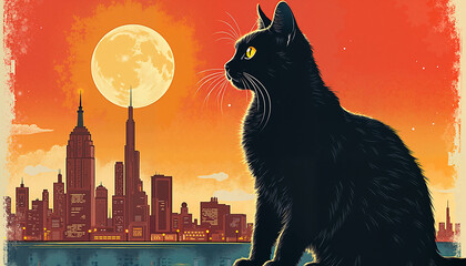 Black cat gazing at city skyline under full moonlight  
