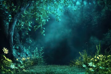 Obraz premium Mystical forest scene, teal glow