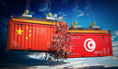 Cargo containers with flags of China and Tunisia - 3D illustration