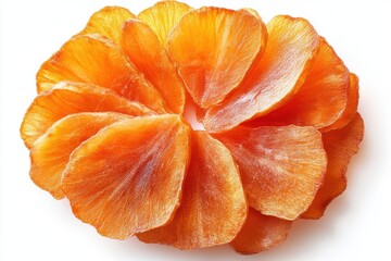 Dried persimmon slices arranged as a flower vibrant orange hue delicate texture studio shot on white isolated on transparent background
