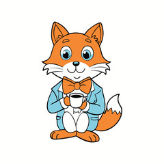 A vector art illustration of a cat wearing a bow tie and sipping tea from a tiny cup.eps