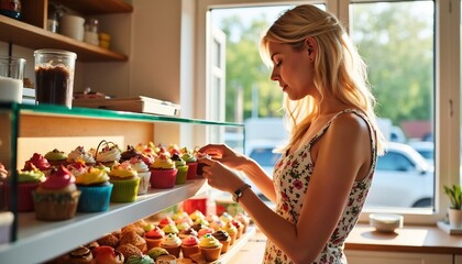 Woman Choosing Cupcakes At A Bakery With Colorful Treats And Sweet Delights