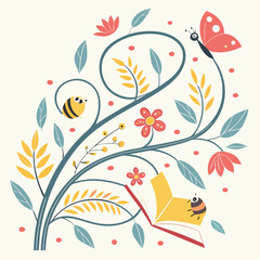 Illustration of nature scene with butterfly and insects