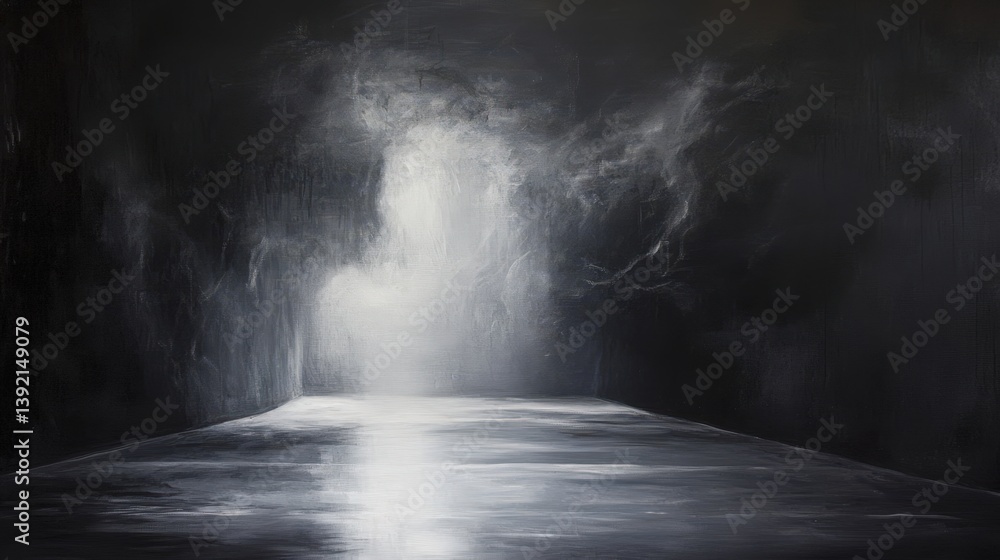 Aufkleber a dark, moody painting featuring a glowing light source at the end of a shadowy corridor, creating a