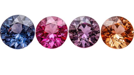 A vibrant collection of colorful gemstones including diamonds, sapphires, amethysts, rubies, and topaz, showcasing luxury and brilliance in various shapes like heart and round