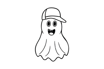 Line art drawing of a ghost with a wide open mouth and wearing baseball cap.eps