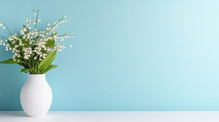 White vase with lilies on light blue background