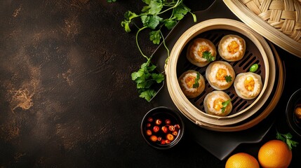 Australian Food Dim Sim Dish top view on a dark brown background