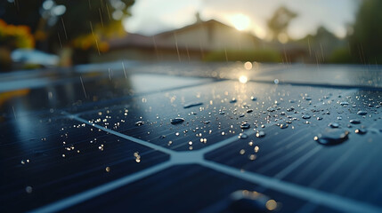 Solar panels in the rain, sunset in background, close-up view. Possible use Stock photo for renewable energy, sustainable living, or nature imagery