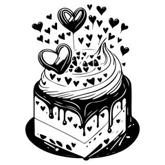 Monochrome depiction of a layered cake with heart accents, celebration art