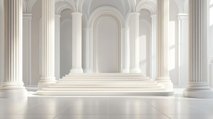 Empty white colonnaded hall, steps, light, architectural, interior, digital rendering, background, use stock photo