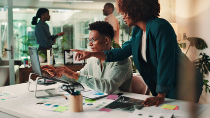 Teamwork, help and business people in office, laptop and mentor with advice, ad agency and assistance. Coaching, system training or employees in workplace, sales consultant or questions with feedback