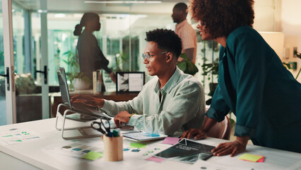 Teamwork, conversation and business people in office, laptop and mentor with help, ad agency and...