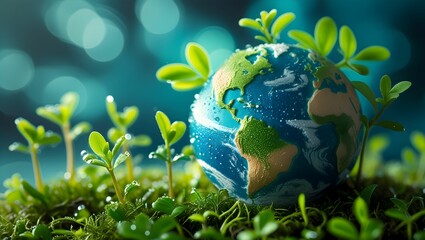 A beautifully detailed miniature Earth rests on a lush bed of moss, surrounded by vibrant green seedlings sprouting with fresh leaves.