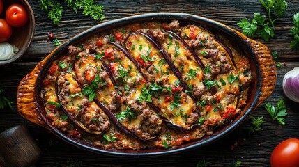 Italian food Baked Stuffed Eggplant with Italian Sausage Dish top view on a wood background