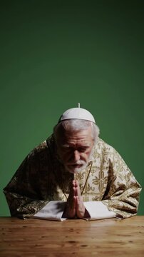 Pope praying with hands joined on green screen background