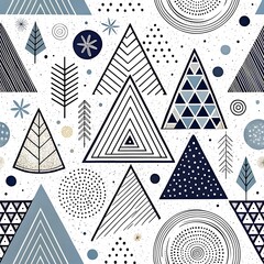 Abstract Geometric Winter Seamless Pattern Design Blue art grey tree white black lines    