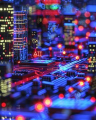 Obraz premium Futuristic cityscape with vibrant lights and technology elements, showcasing AI integration and urban life