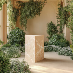 The product is showcased on a trendy pedestal, surrounded by a clean, modern setting. With a backdrop of natural stone and a minimalist design, the exhibit creates a sophisticated atmosphere.