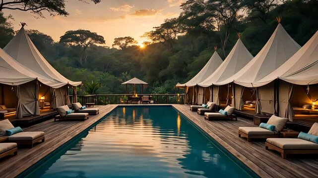 Luxurious safari-style tented accommodation by the pool at sunset in a tropical wilderness, with comfortable seating and serene ambiance.

