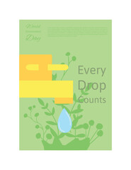 Every Drop Counts, A faucet with a single drop of water being caught by a leaf, about water conservation, world environment day poster.