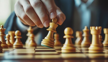 Hand moving a king piece on a chessboard with other pieces in soft focus in the background