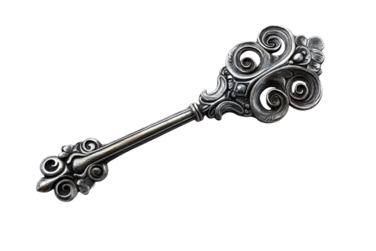Ornate antique silver key isolated on white background detailed intricate design vintage key elegant isolated on transparent background