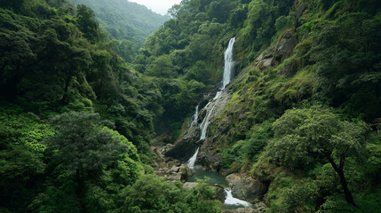 A cascading waterfall surrounded by lush, emerald-green jungle foliage