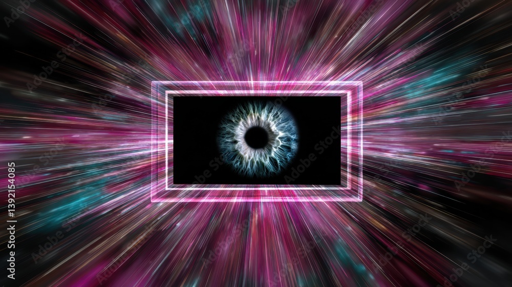 Poster abstract eye design with dynamic radial lines.