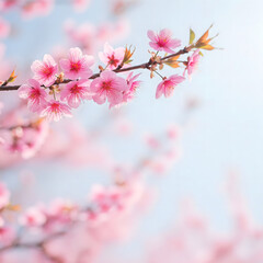 Naklejka premium Delicate pink cherry blossom (Sakura) branch blooming in spring. Beautiful flowers with soft focus bokeh background against light blue sky. Nature beauty concept.